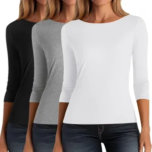 Ficerd 3 Pack Women's 3/4 Sleeve Boat Neck Cotton T Shirts Slim Fit Tight Basics Top Casual Comfy Tees