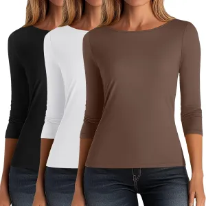 Ficerd 3 Pack Women's 3/4 Sleeve Boat Neck Cotton T Shirts Slim Fit Tight Basics Top Casual Comfy Tees