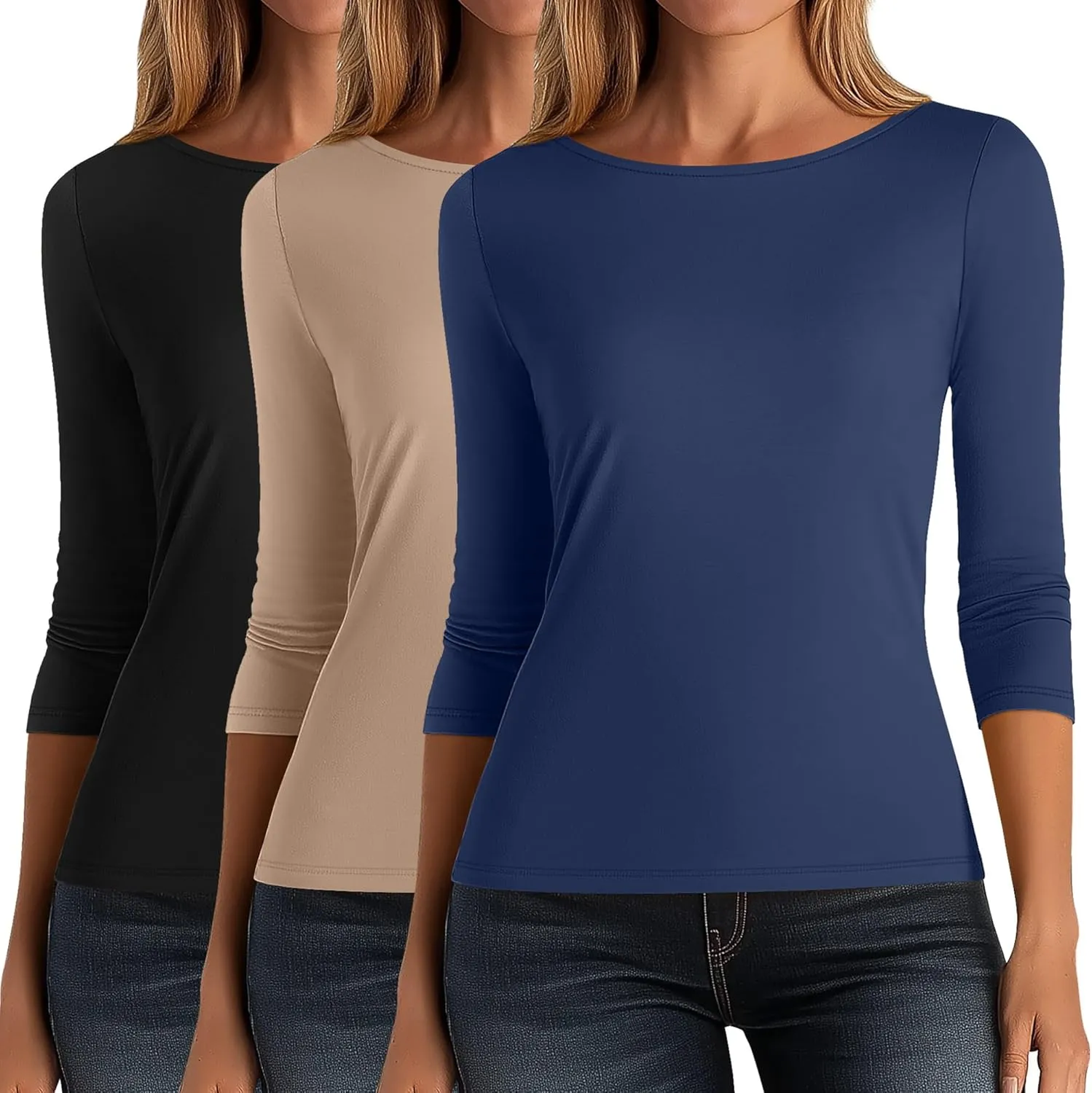 Ficerd 3 Pack Women's 3/4 Sleeve Boat Neck Cotton T Shirts Slim Fit Tight Basics Top Casual Comfy Tees