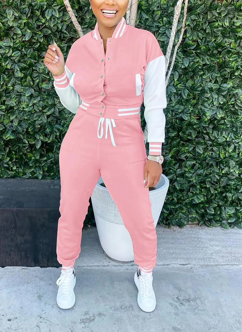 Fooullaide Women's Varsity Jacket Sweatsuit 2 Piece Tracksuit Crop Top Button Down Letterman Jackets Pants Sets
