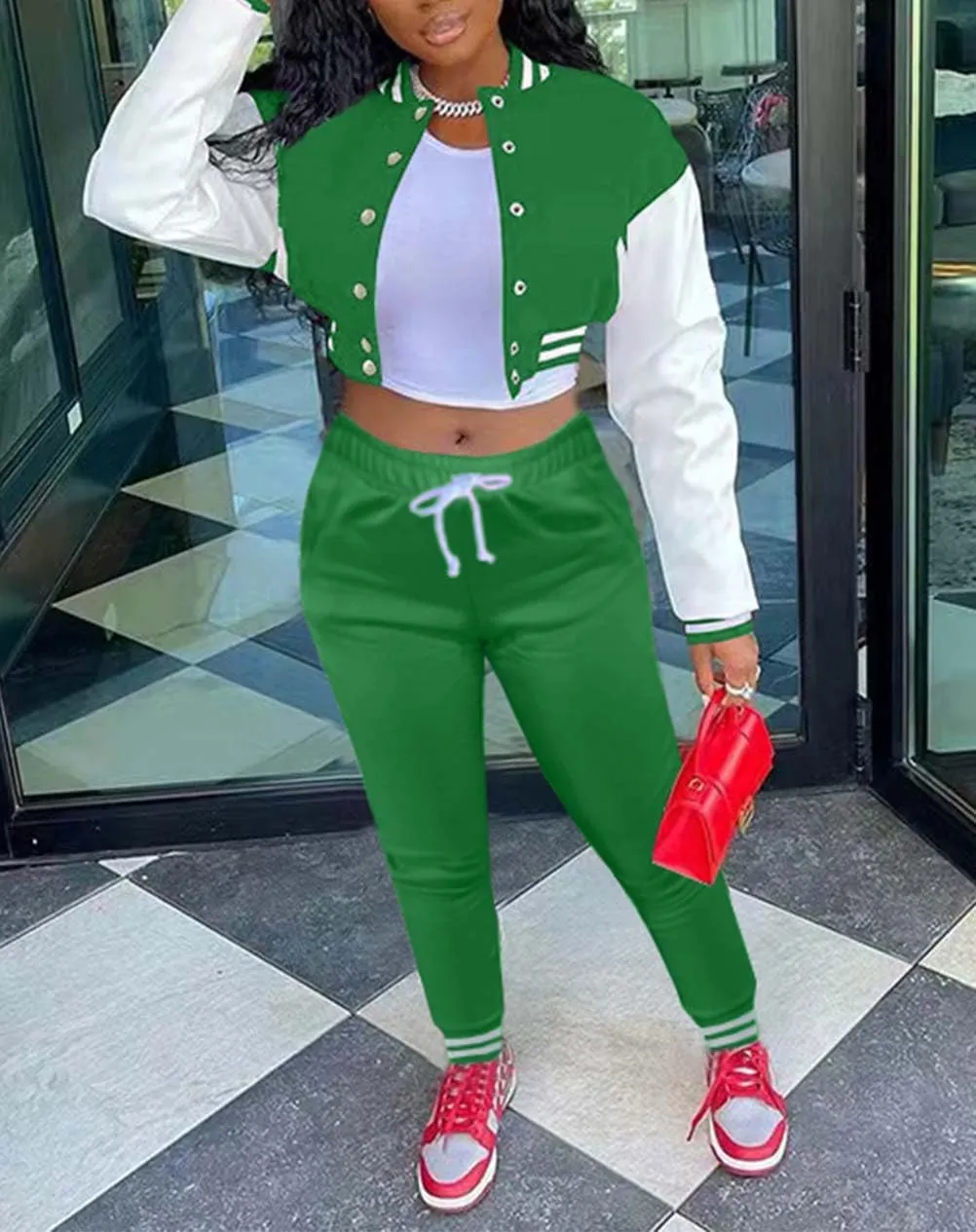 Fooullaide Women's Varsity Jacket Sweatsuit 2 Piece Tracksuit Crop Top Button Down Letterman Jackets Pants Sets