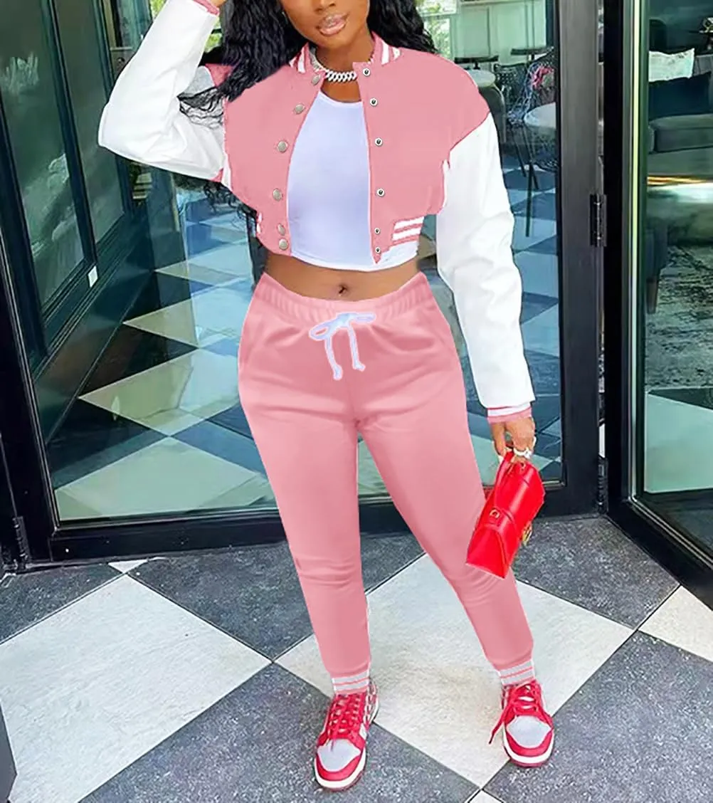 Fooullaide Women's Varsity Jacket Sweatsuit 2 Piece Tracksuit Crop Top Button Down Letterman Jackets Pants Sets