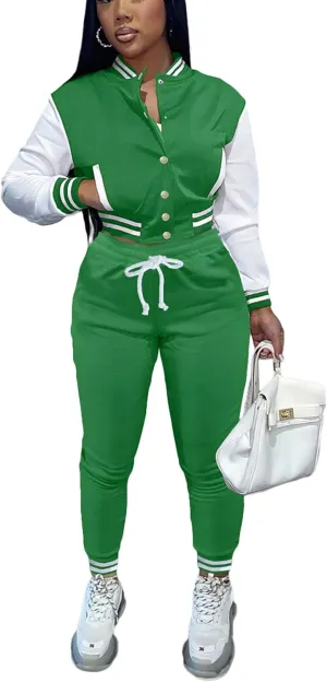Fooullaide Women's Varsity Jacket Sweatsuit 2 Piece Tracksuit Crop Top Button Down Letterman Jackets Pants Sets