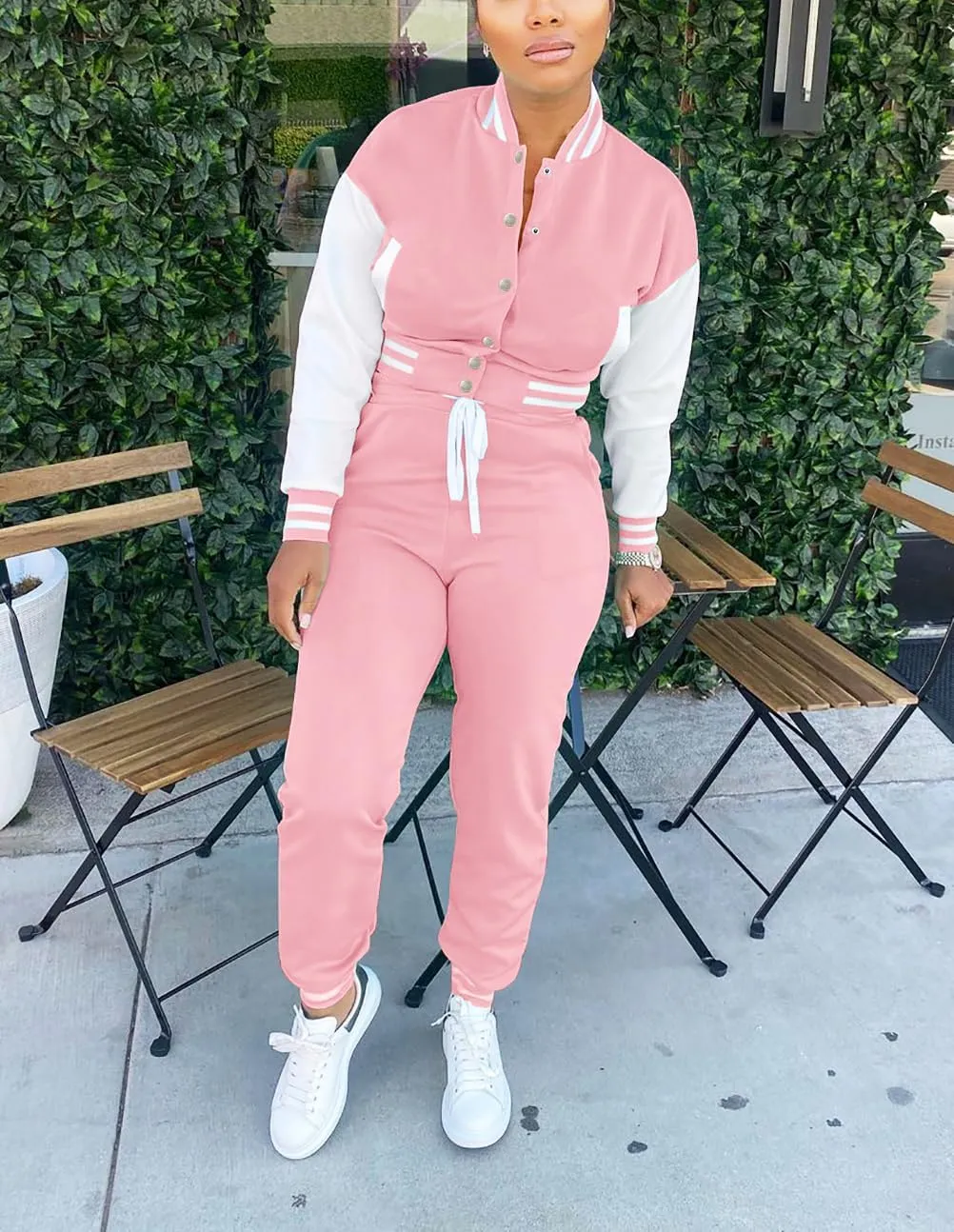 Fooullaide Women's Varsity Jacket Sweatsuit 2 Piece Tracksuit Crop Top Button Down Letterman Jackets Pants Sets