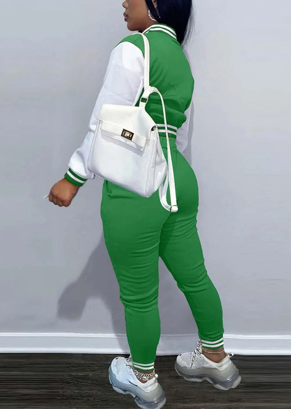 Fooullaide Women's Varsity Jacket Sweatsuit 2 Piece Tracksuit Crop Top Button Down Letterman Jackets Pants Sets