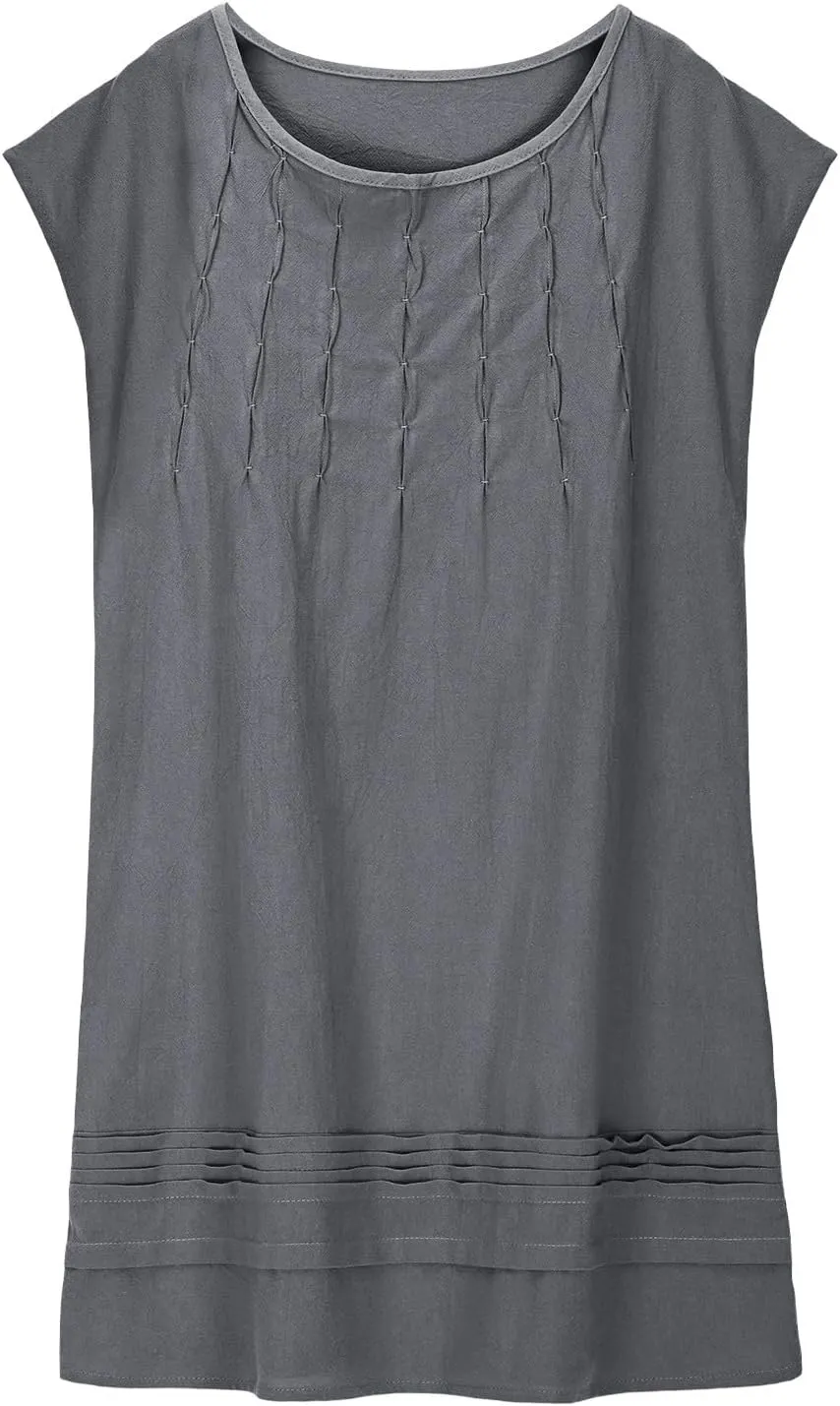 Girl's Cotton Linen Midi Dress Plus Size Cap Sleeve Pleated Summer Dresses Vacation 2025 Crew Neck Casual Dress