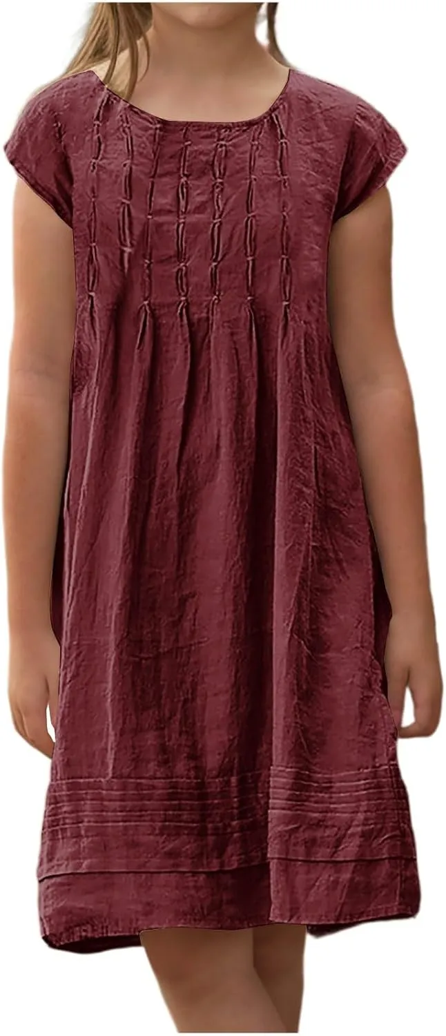Girl's Cotton Linen Midi Dress Plus Size Cap Sleeve Pleated Summer Dresses Vacation 2025 Crew Neck Casual Dress
