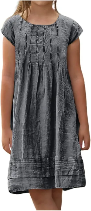Girl's Cotton Linen Midi Dress Plus Size Cap Sleeve Pleated Summer Dresses Vacation 2025 Crew Neck Casual Dress