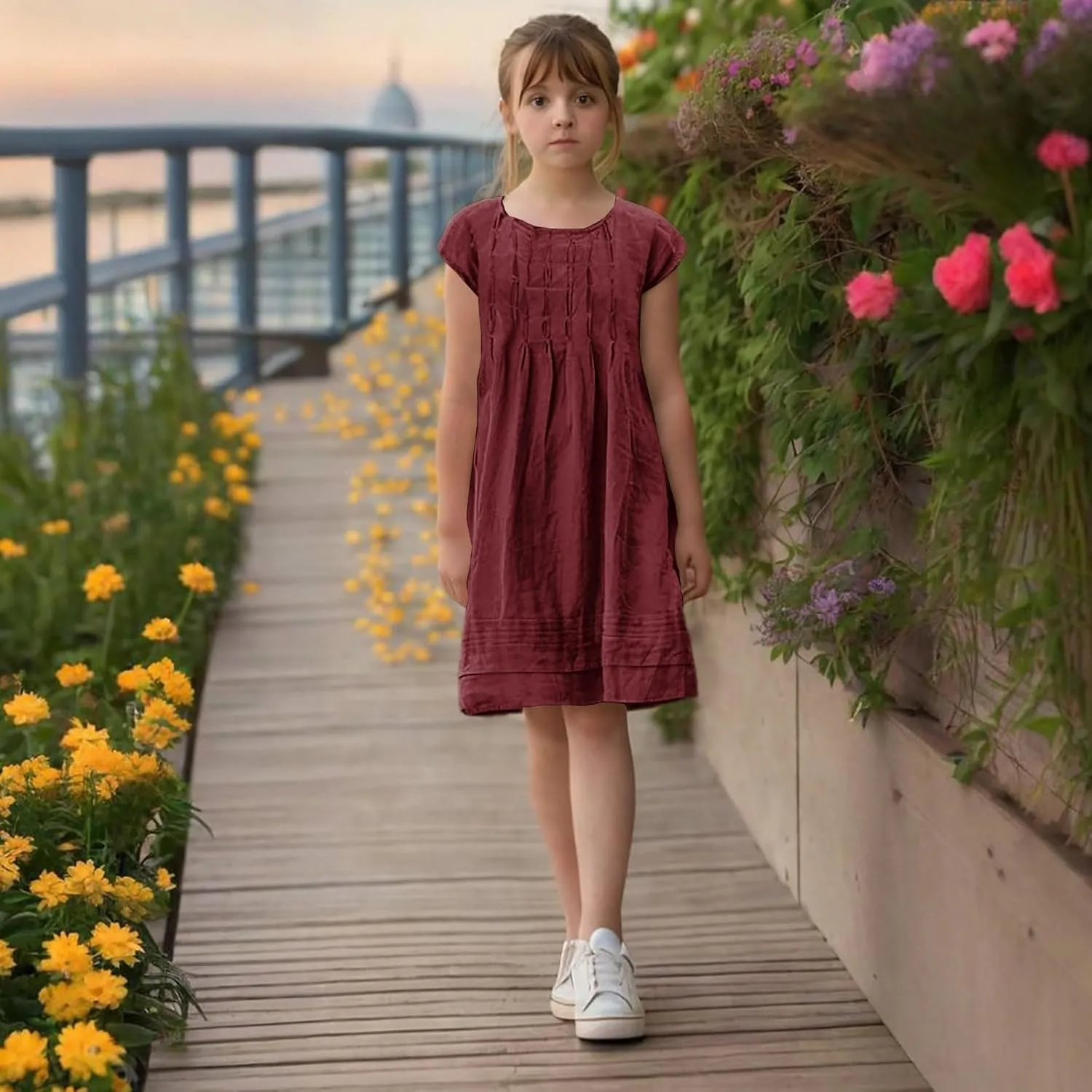 Girl's Cotton Linen Midi Dress Plus Size Cap Sleeve Pleated Summer Dresses Vacation 2025 Crew Neck Casual Dress