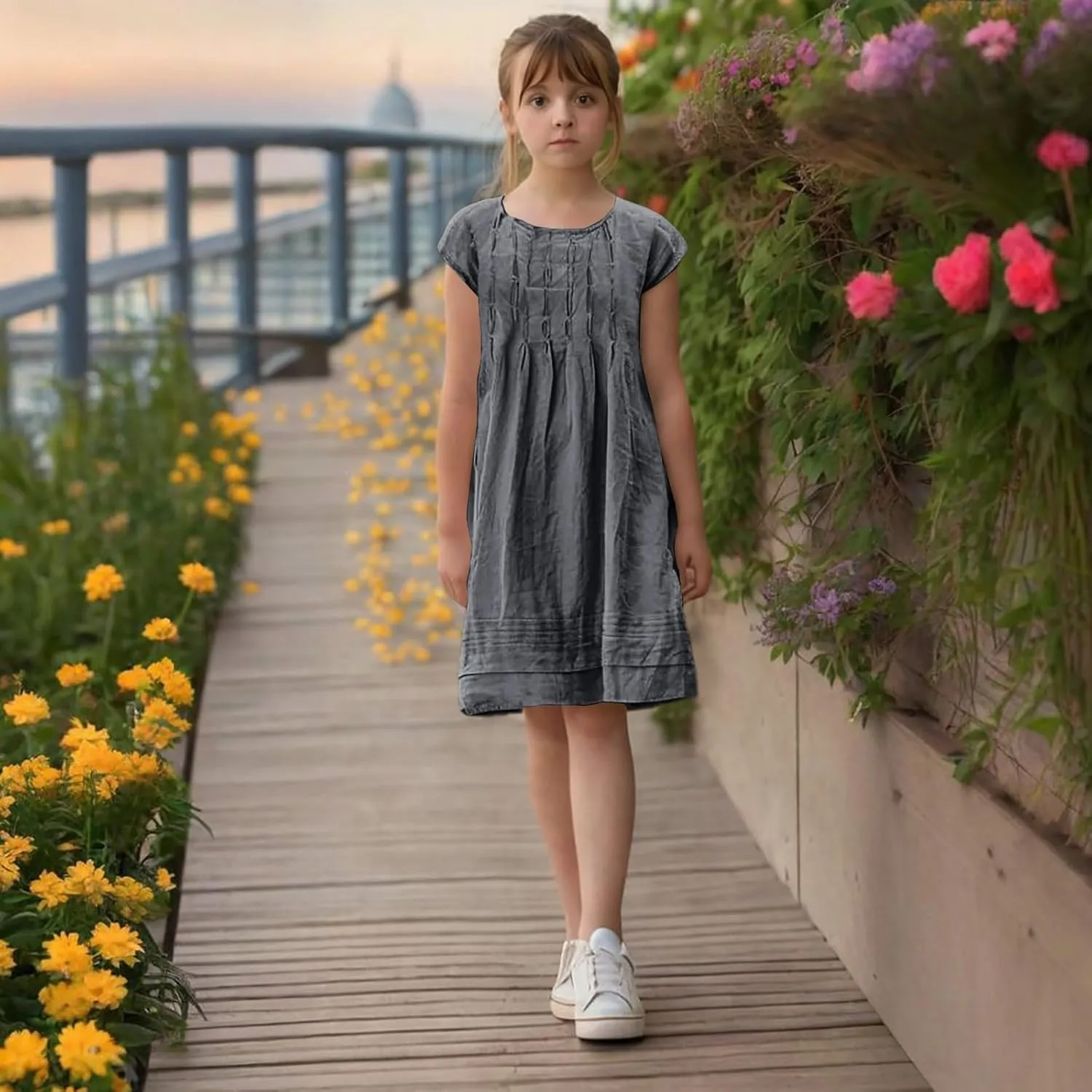 Girl's Cotton Linen Midi Dress Plus Size Cap Sleeve Pleated Summer Dresses Vacation 2025 Crew Neck Casual Dress