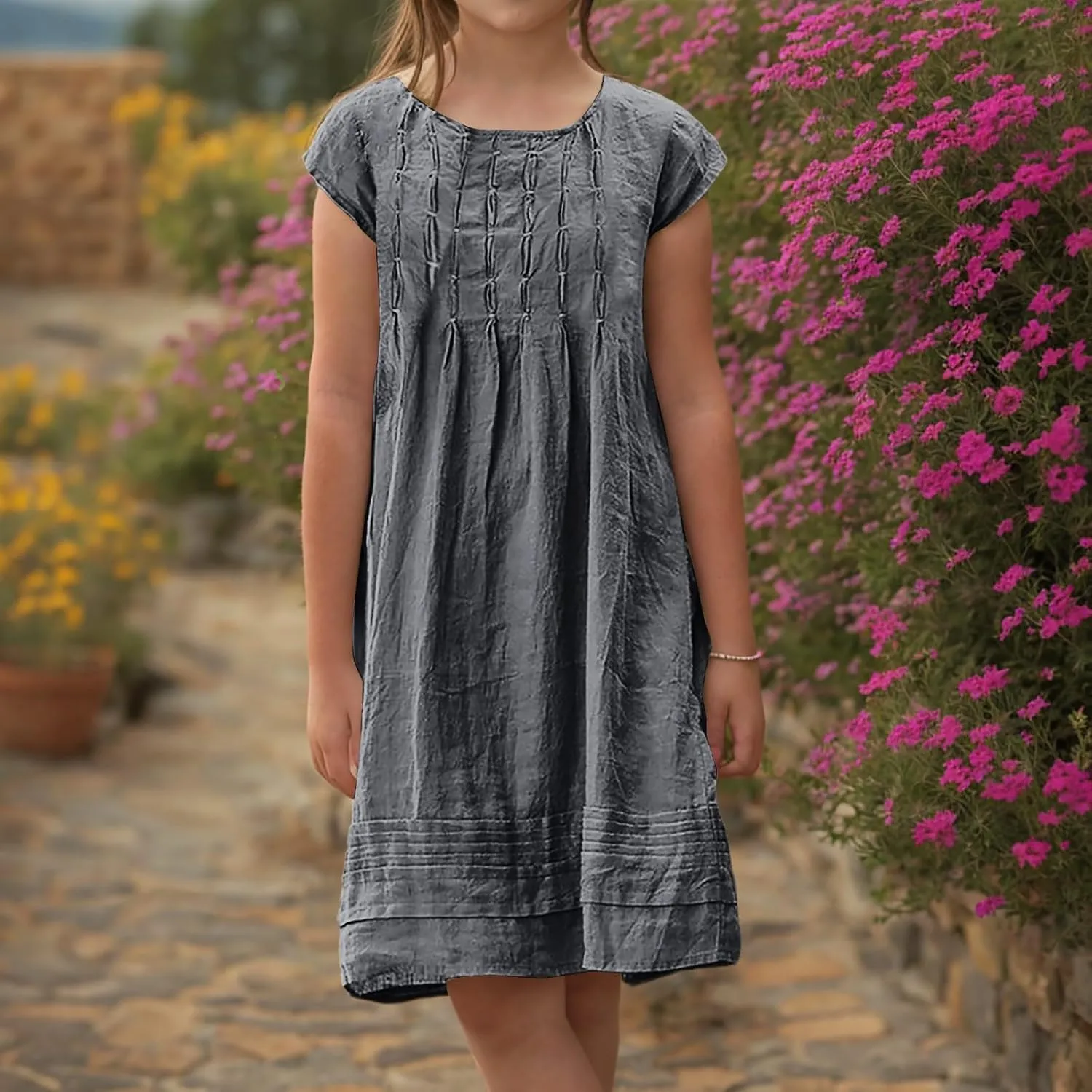 Girl's Cotton Linen Midi Dress Plus Size Cap Sleeve Pleated Summer Dresses Vacation 2025 Crew Neck Casual Dress