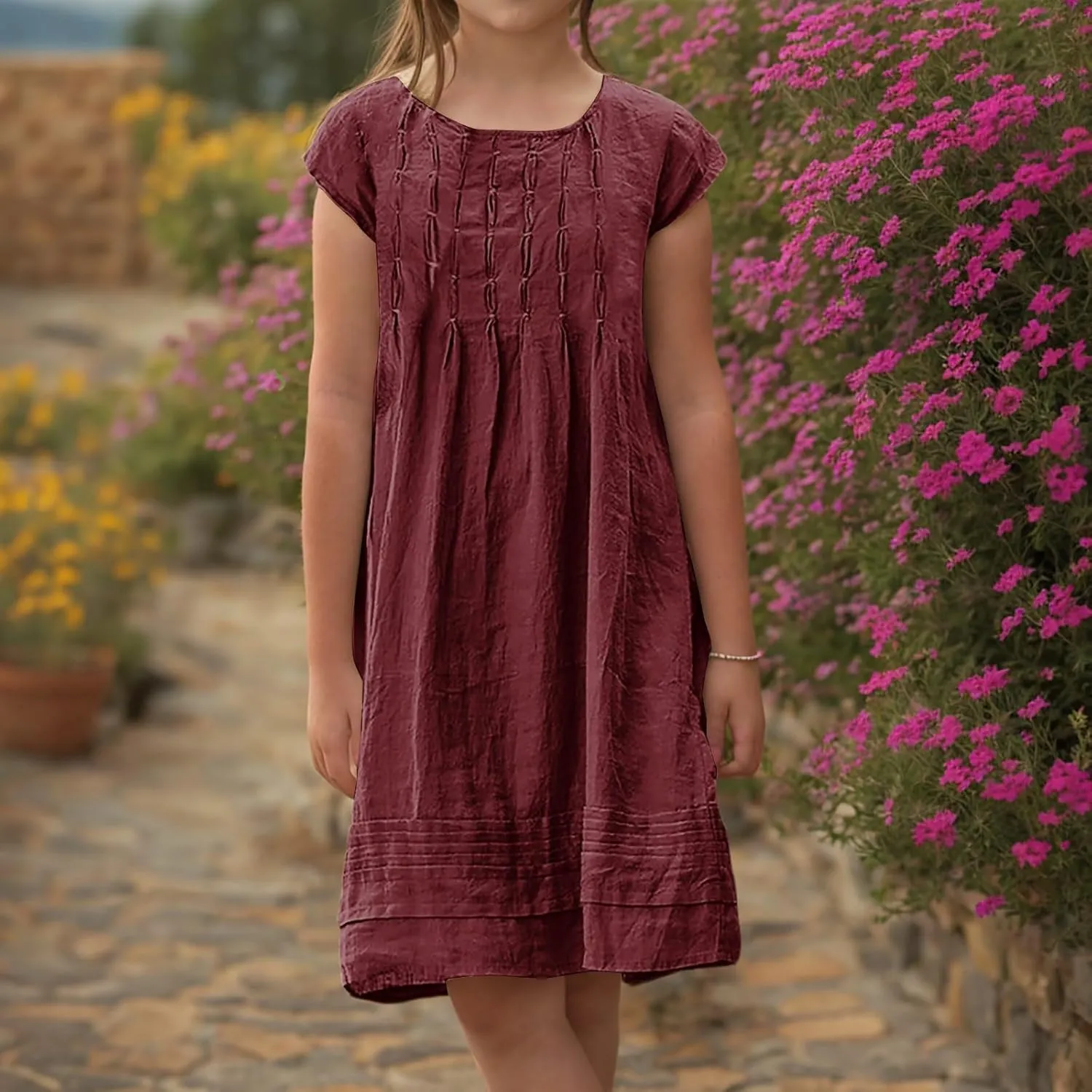 Girl's Cotton Linen Midi Dress Plus Size Cap Sleeve Pleated Summer Dresses Vacation 2025 Crew Neck Casual Dress