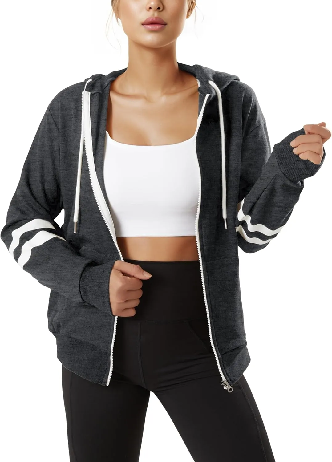 GIVON Womens Comfortable Long Sleeve Striped Hoodie Jacket Lightweight Hooded Sweatshirt with Kanga Pocket