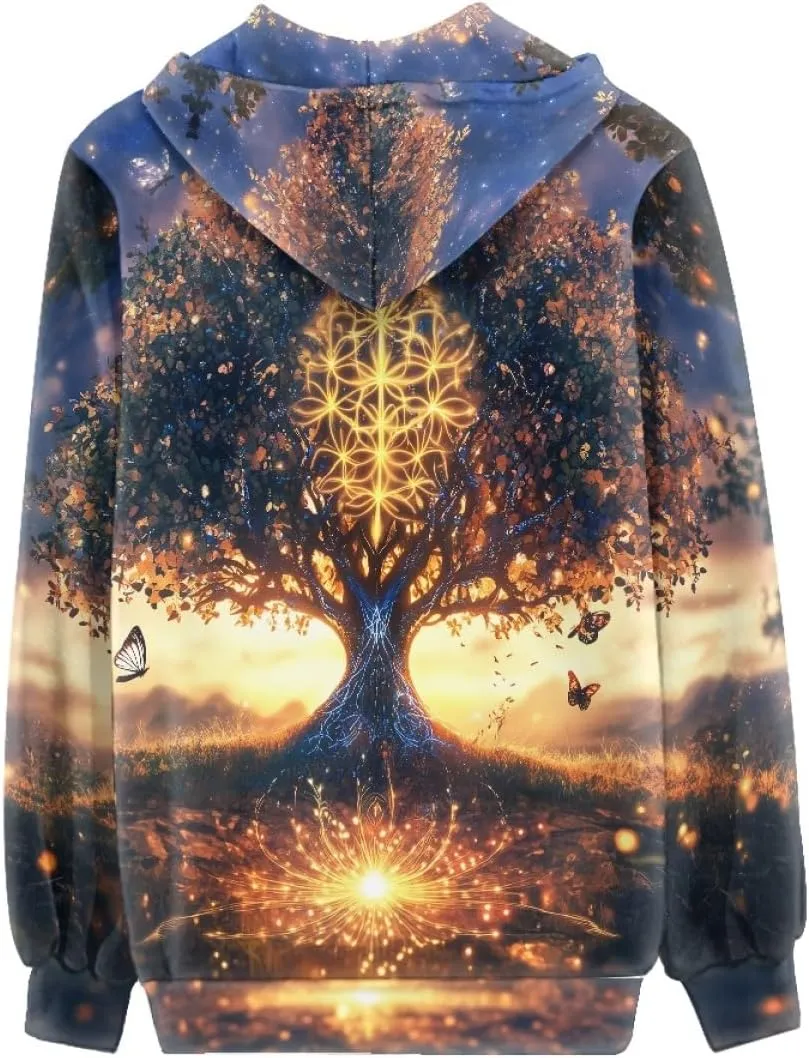 GLUDEAR Women Life Tree Graphic Print Zip Up Hoodies Novelty Viking Long Sleeve Hooded Sweatshirts Oversized Jackets