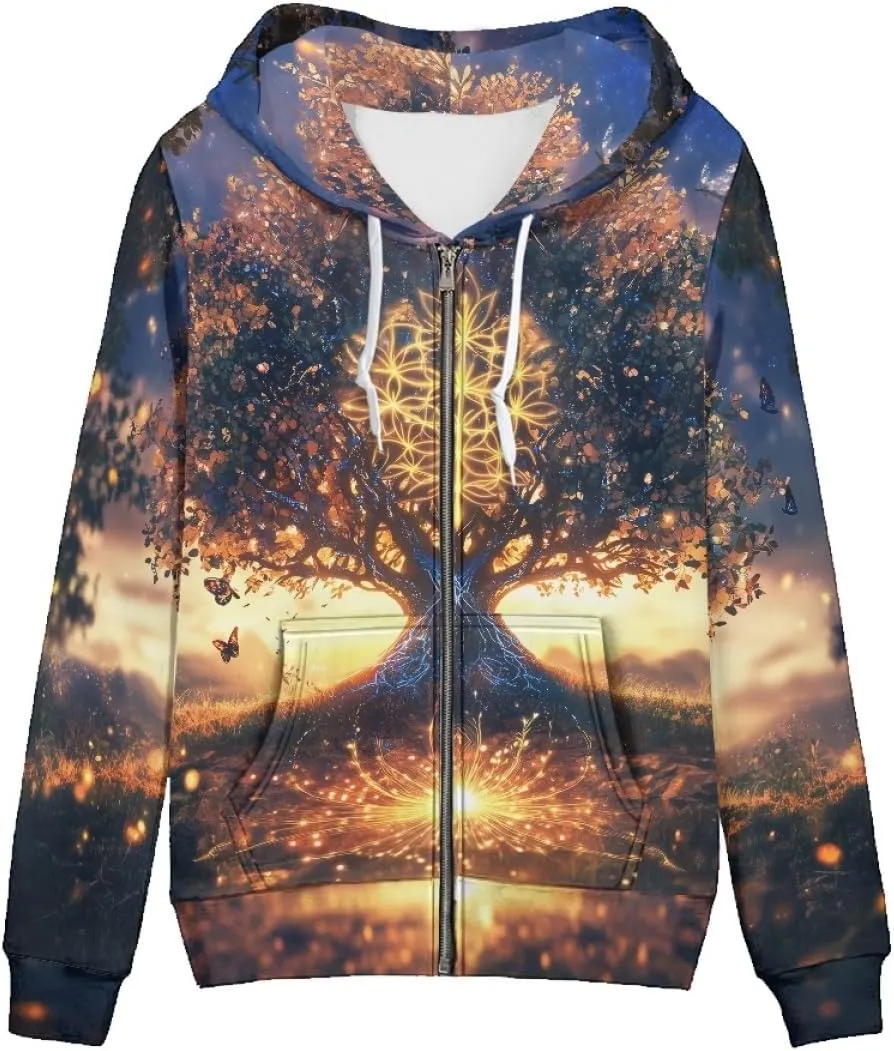 GLUDEAR Women Life Tree Graphic Print Zip Up Hoodies Novelty Viking Long Sleeve Hooded Sweatshirts Oversized Jackets