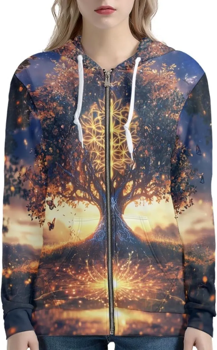 GLUDEAR Women Life Tree Graphic Print Zip Up Hoodies Novelty Viking Long Sleeve Hooded Sweatshirts Oversized Jackets