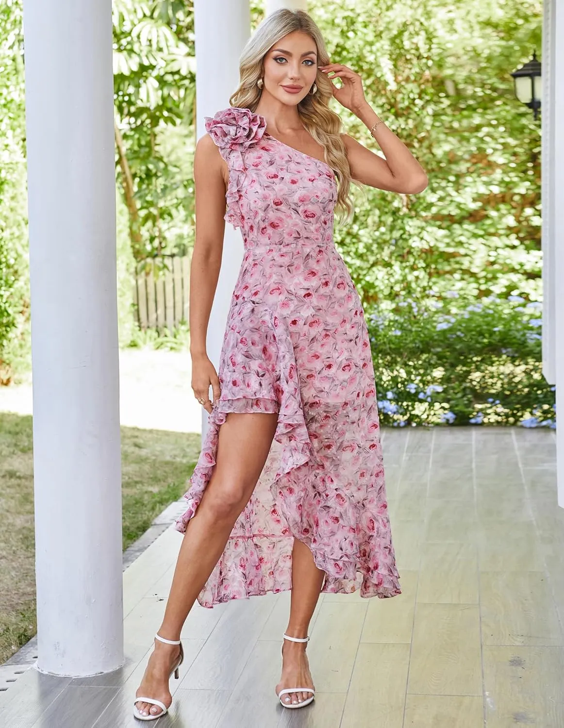GRACE KARIN Womens Summer One Shoulder Sleeveless Dresses Floral Flowy Ruffle High Low Wedding Guest Maxi Sundresses
