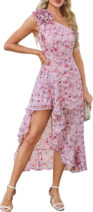 GRACE KARIN Womens Summer One Shoulder Sleeveless Dresses Floral Flowy Ruffle High Low Wedding Guest Maxi Sundresses