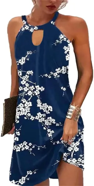 Halter Dresses for Women 2025 Casual Floral Print Summer Dresses Hollow Out A-line Sundresses for Beach Vacation