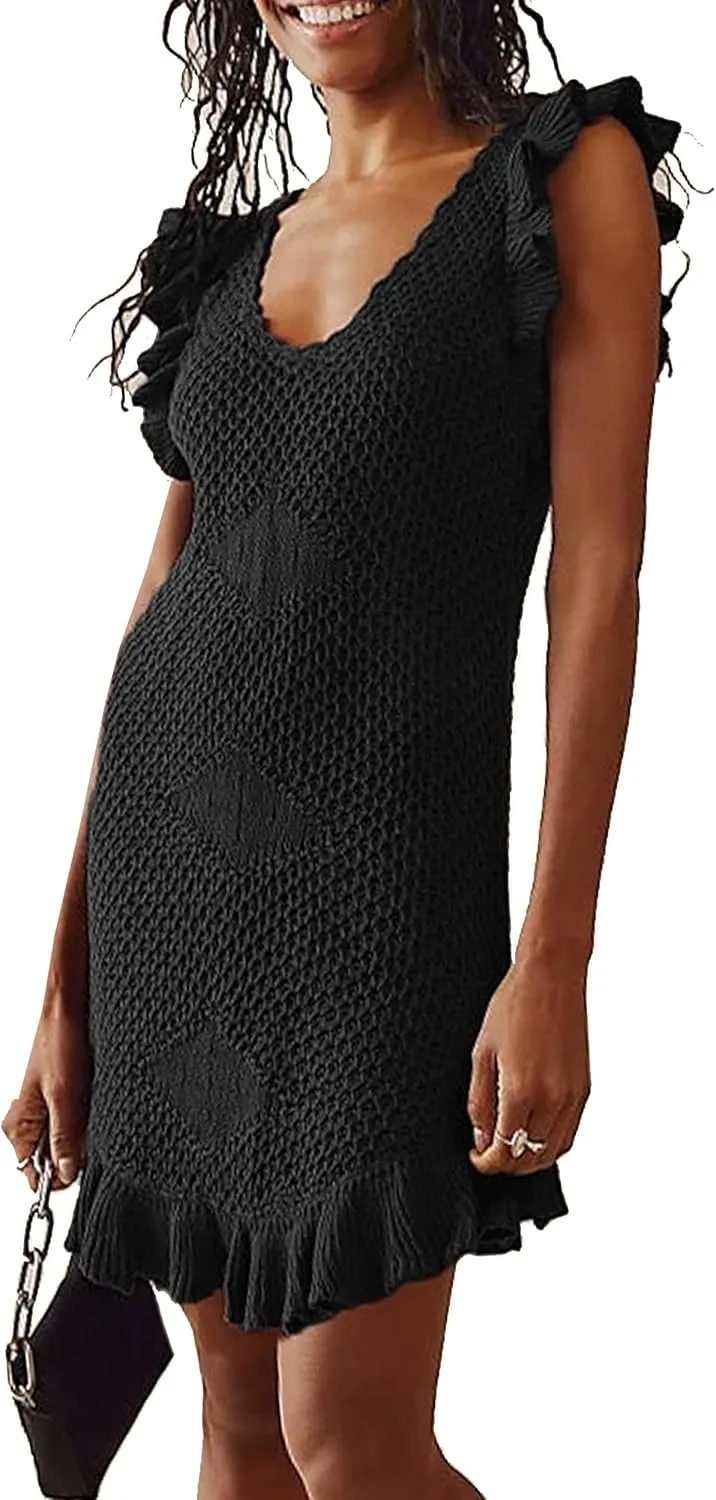 Hotmiss Women's Summer Casual Babydoll Mini Dress Ruffle Sleeveless V Neck Pleated Swing Tunic Dress