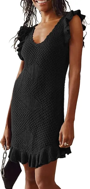 Hotmiss Women's Summer Casual Babydoll Mini Dress Ruffle Sleeveless V Neck Pleated Swing Tunic Dress