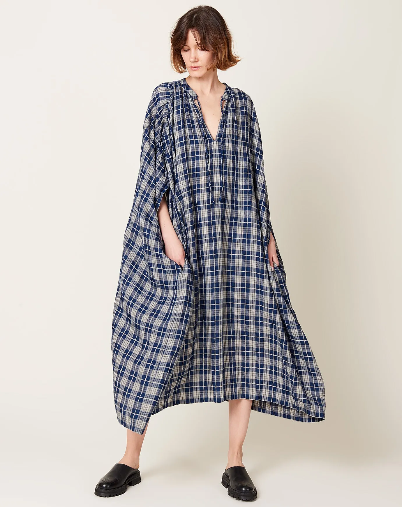 Indigo Check Dress in Indigo Dark & Natural Stripe