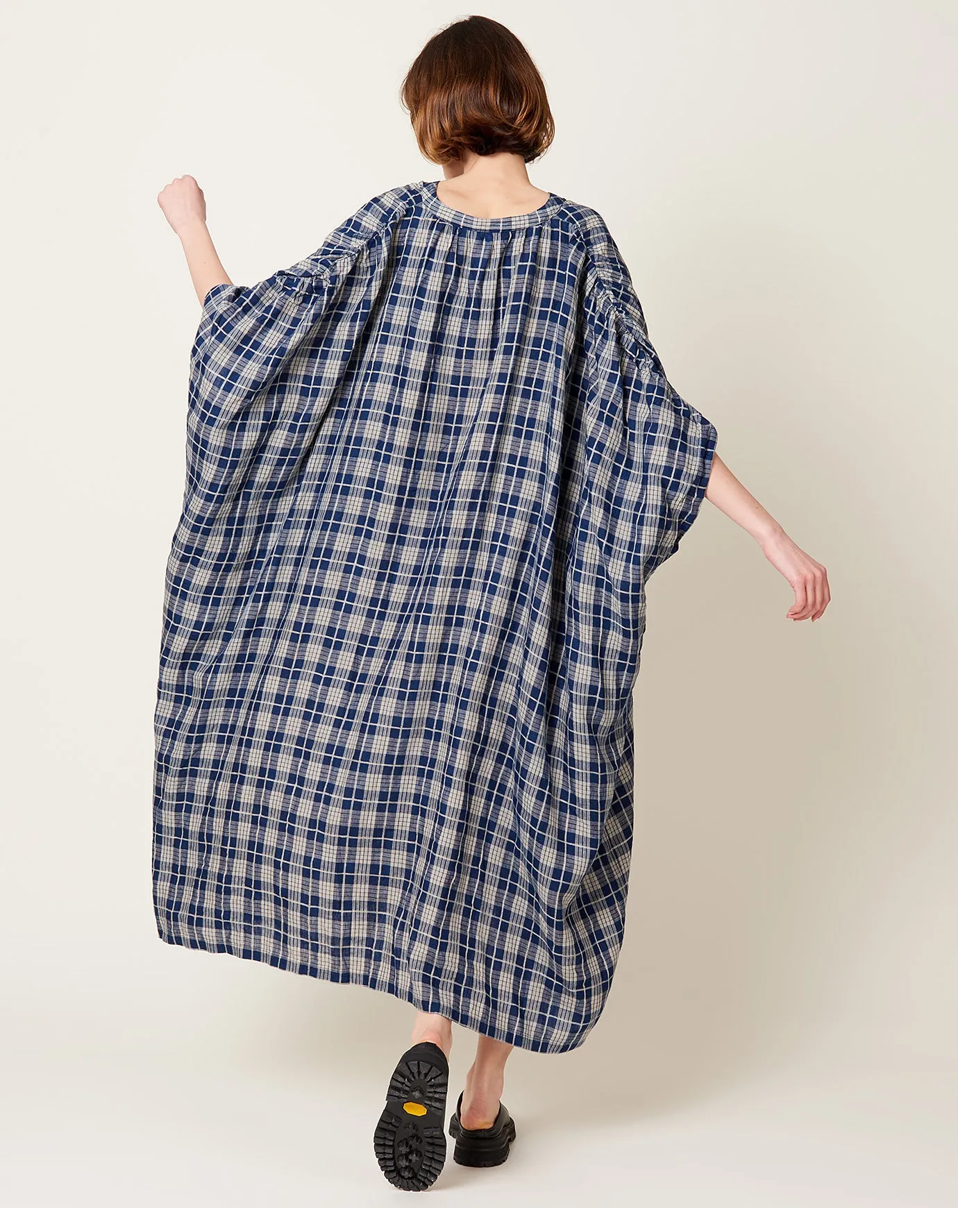Indigo Check Dress in Indigo Dark & Natural Stripe