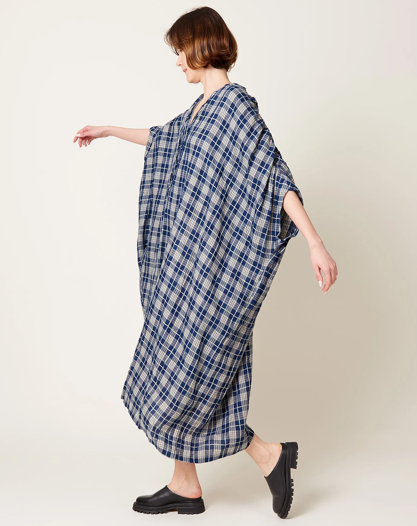 Indigo Check Dress in Indigo Dark & Natural Stripe
