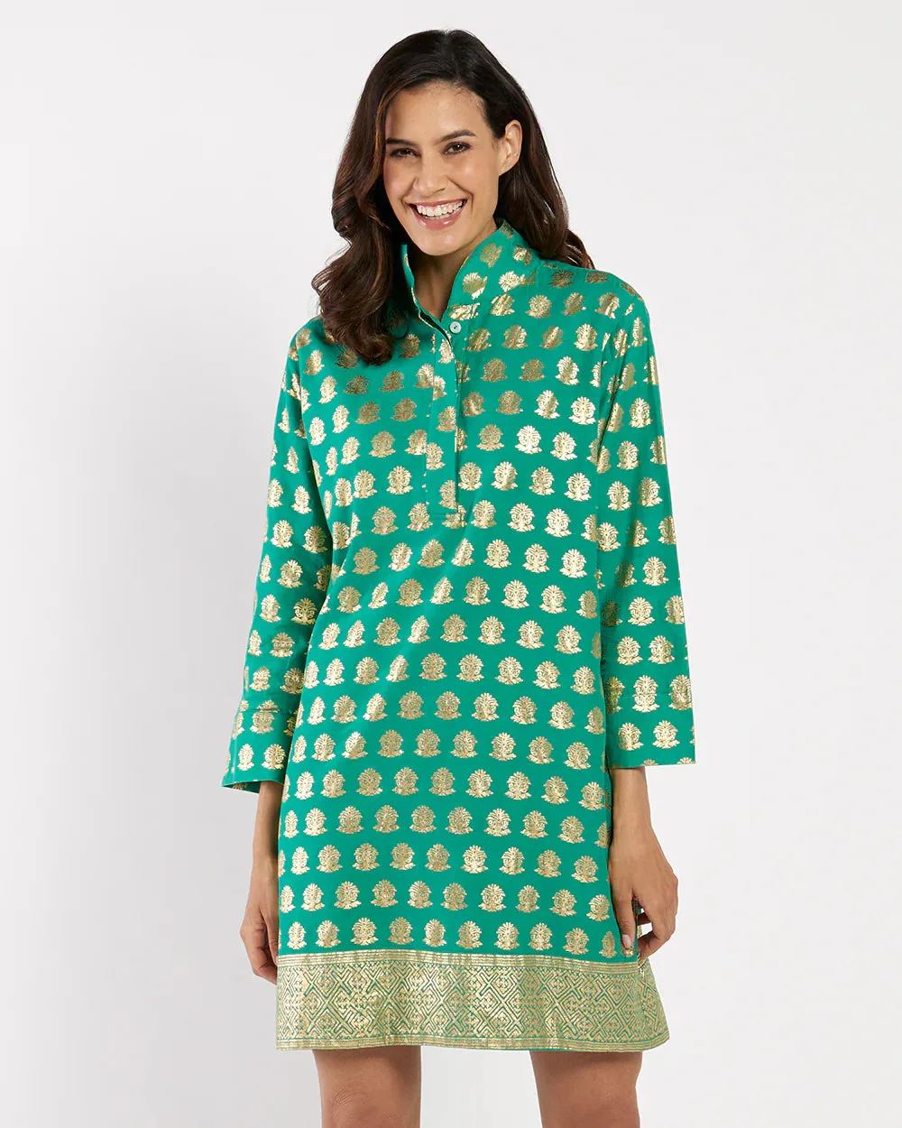Jude Connally Helen Dress Cotton Voile in Foulard Border Jade Gold