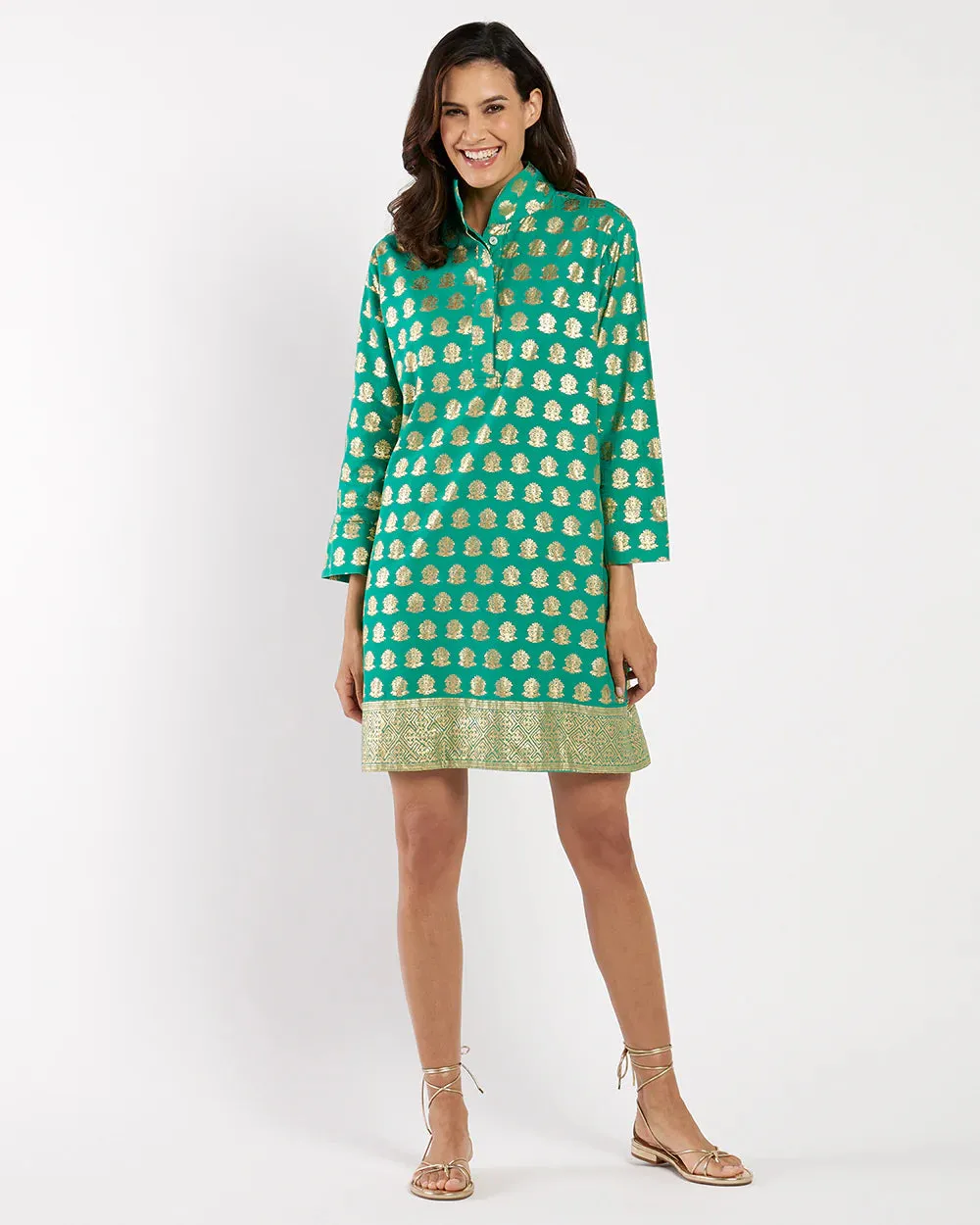 Jude Connally Helen Dress Cotton Voile in Foulard Border Jade Gold
