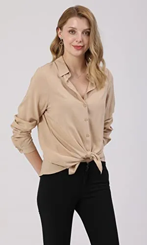Khaki Dressy Blouse for Women - Casual Long Sleeve Button Down Shirts Tops, Lightweight 100% Viscose Fabric, Perfect for All Seasons, Trendy Design, Ideal for Work, School, and Outdoors