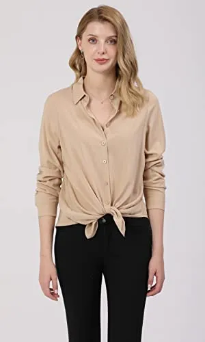 Khaki Dressy Blouse for Women - Casual Long Sleeve Button Down Shirts Tops, Lightweight 100% Viscose Fabric, Perfect for All Seasons, Trendy Design, Ideal for Work, School, and Outdoors