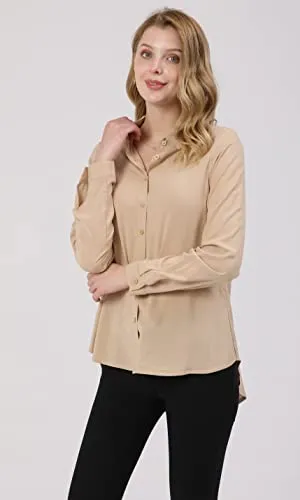 Khaki Dressy Blouse for Women - Casual Long Sleeve Button Down Shirts Tops, Lightweight 100% Viscose Fabric, Perfect for All Seasons, Trendy Design, Ideal for Work, School, and Outdoors