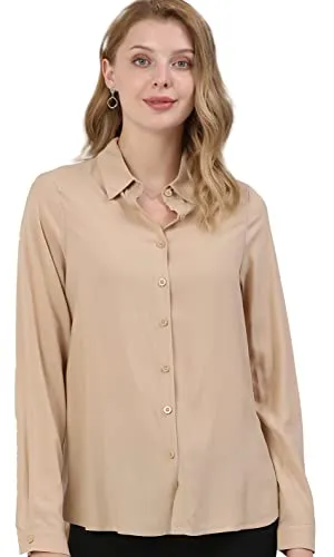 Khaki Dressy Blouse for Women - Casual Long Sleeve Button Down Shirts Tops, Lightweight 100% Viscose Fabric, Perfect for All Seasons, Trendy Design, Ideal for Work, School, and Outdoors