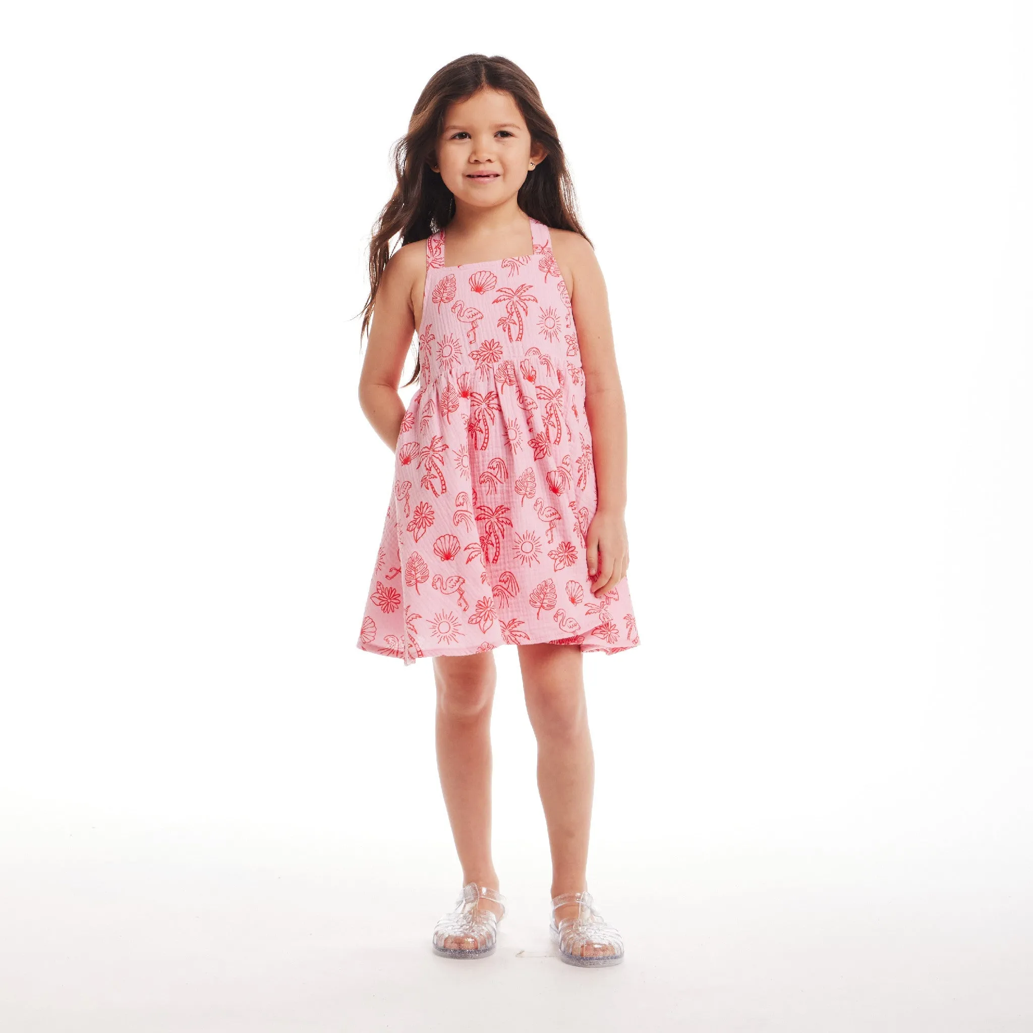 Kids (2-6x) Pink Tropical Icon Printed Gauze Dress | Pink