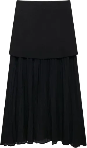 Knitted Puffy Skirt Winter and Fall Women's High Waist Casual Pleated Spliced Midi Skirt