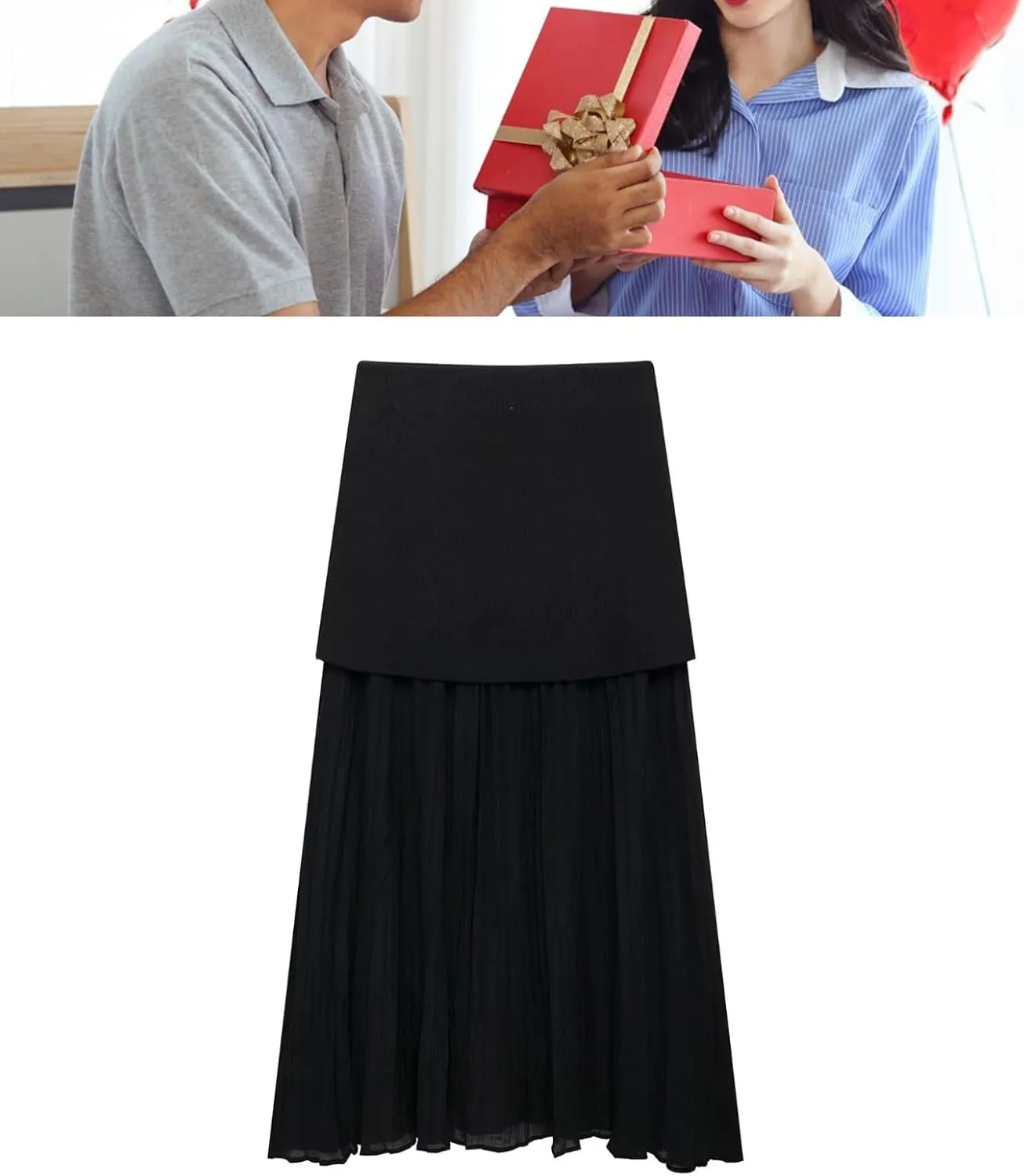 Knitted Puffy Skirt Winter and Fall Women's High Waist Casual Pleated Spliced Midi Skirt