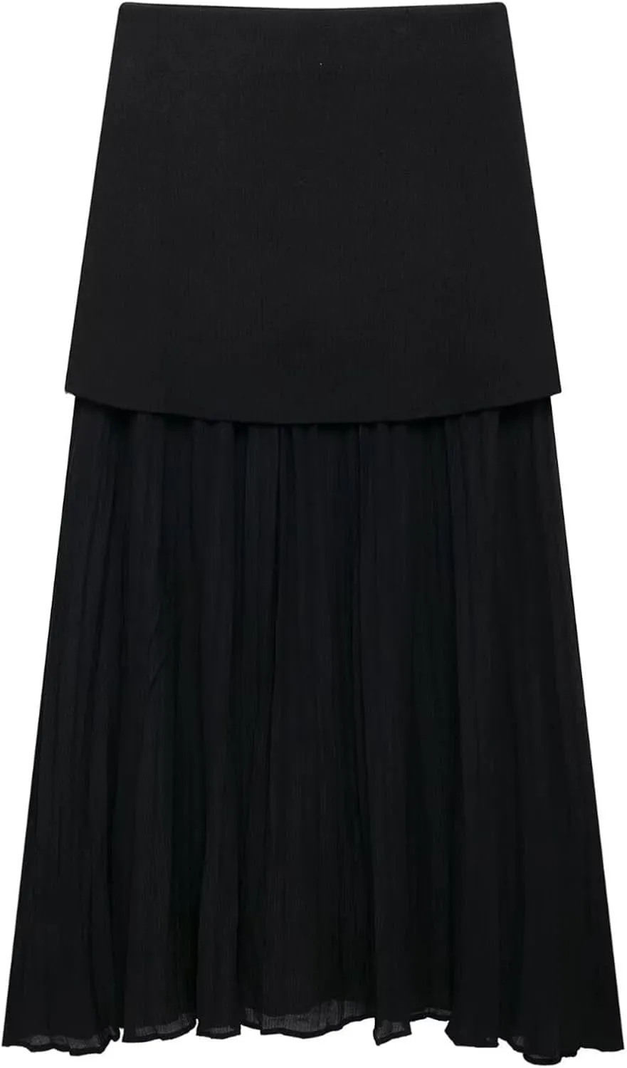 Knitted Puffy Skirt Winter and Fall Women's High Waist Casual Pleated Spliced Midi Skirt