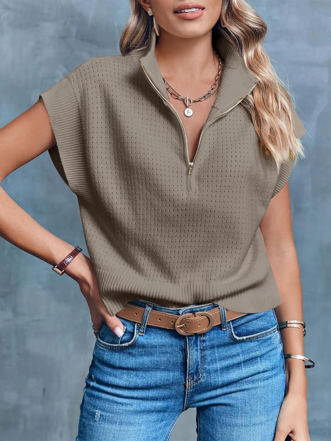 Langwyqu Womens Short Sleeve Cropped Knit Tops Half Zip Cap Sleeve Lightweight Oversized Sweater Vest