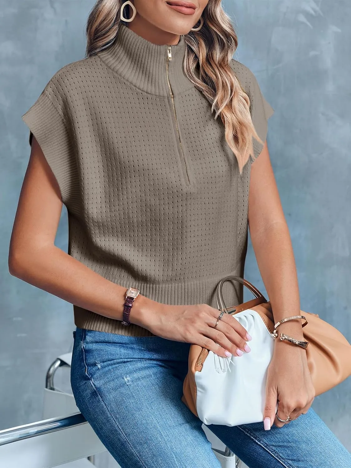 Langwyqu Womens Short Sleeve Cropped Knit Tops Half Zip Cap Sleeve Lightweight Oversized Sweater Vest