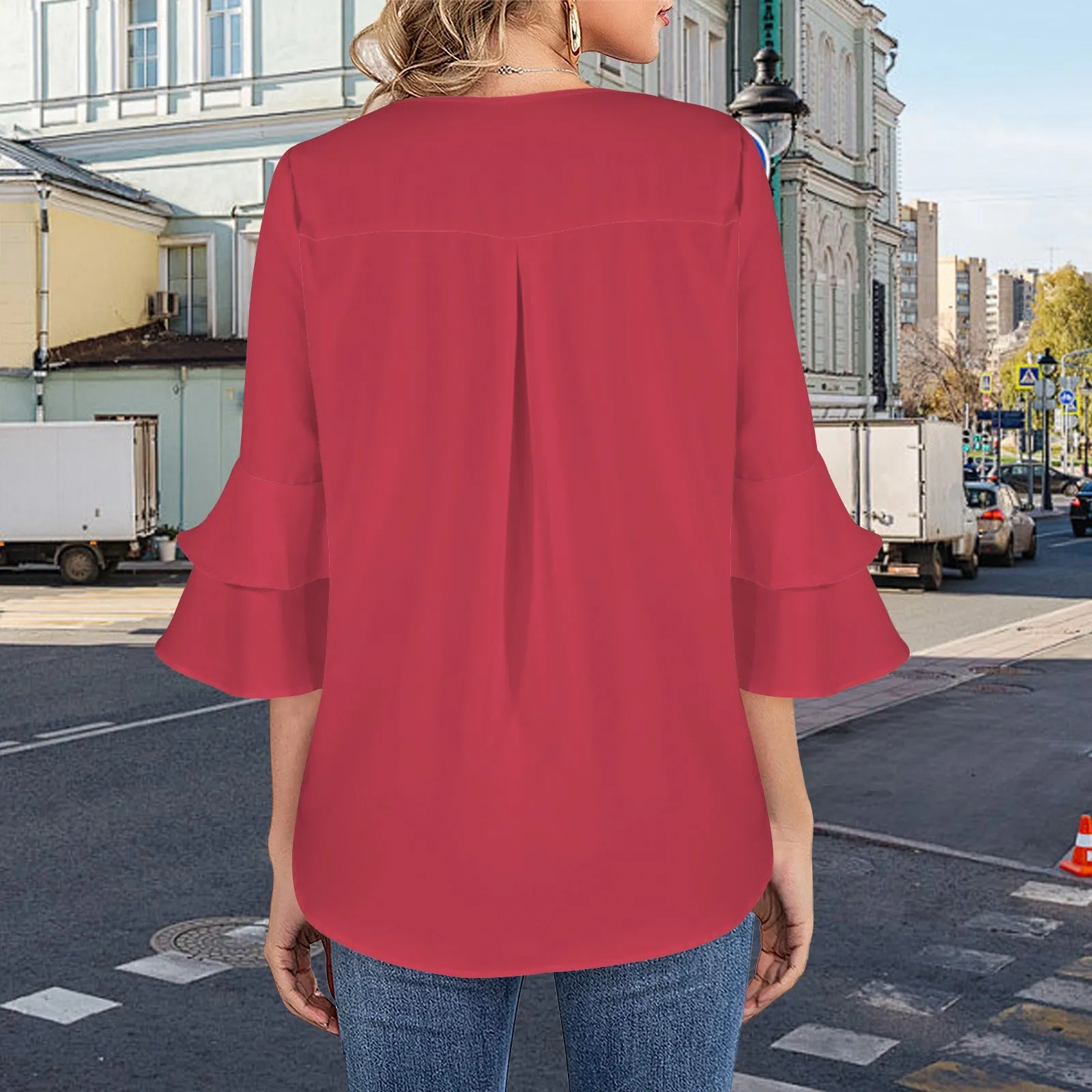 Layered Flare Sleeve Blouse Red