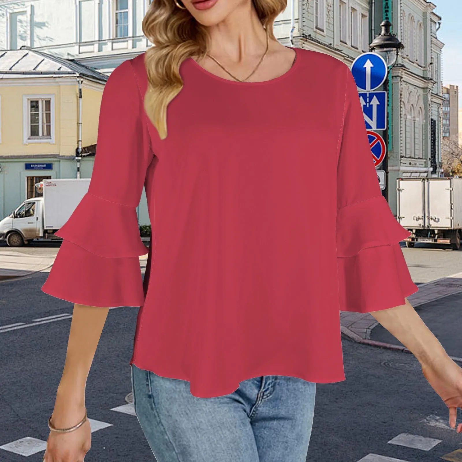 Layered Flare Sleeve Blouse Red
