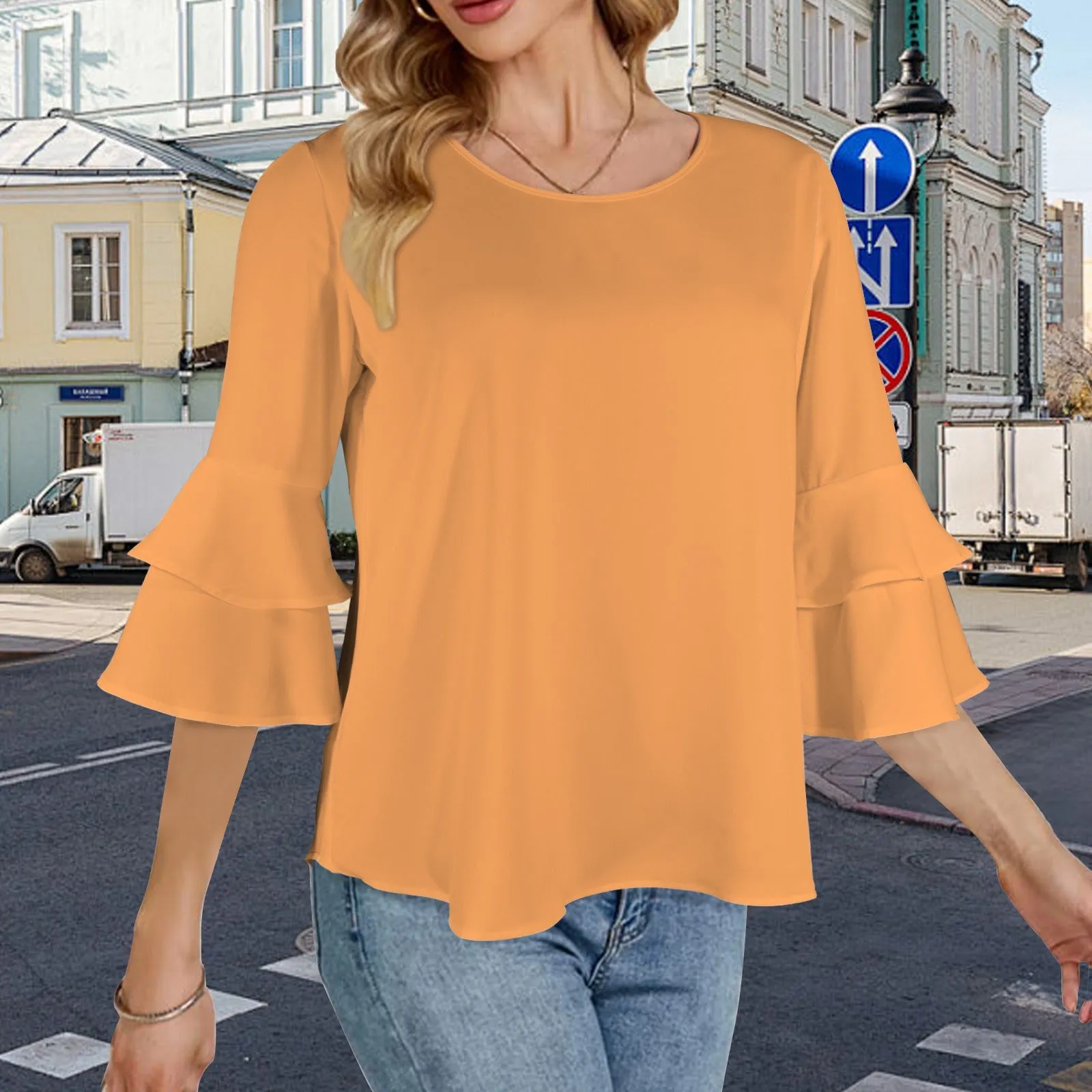 Layered Flare Sleeve Blouse Tangerine