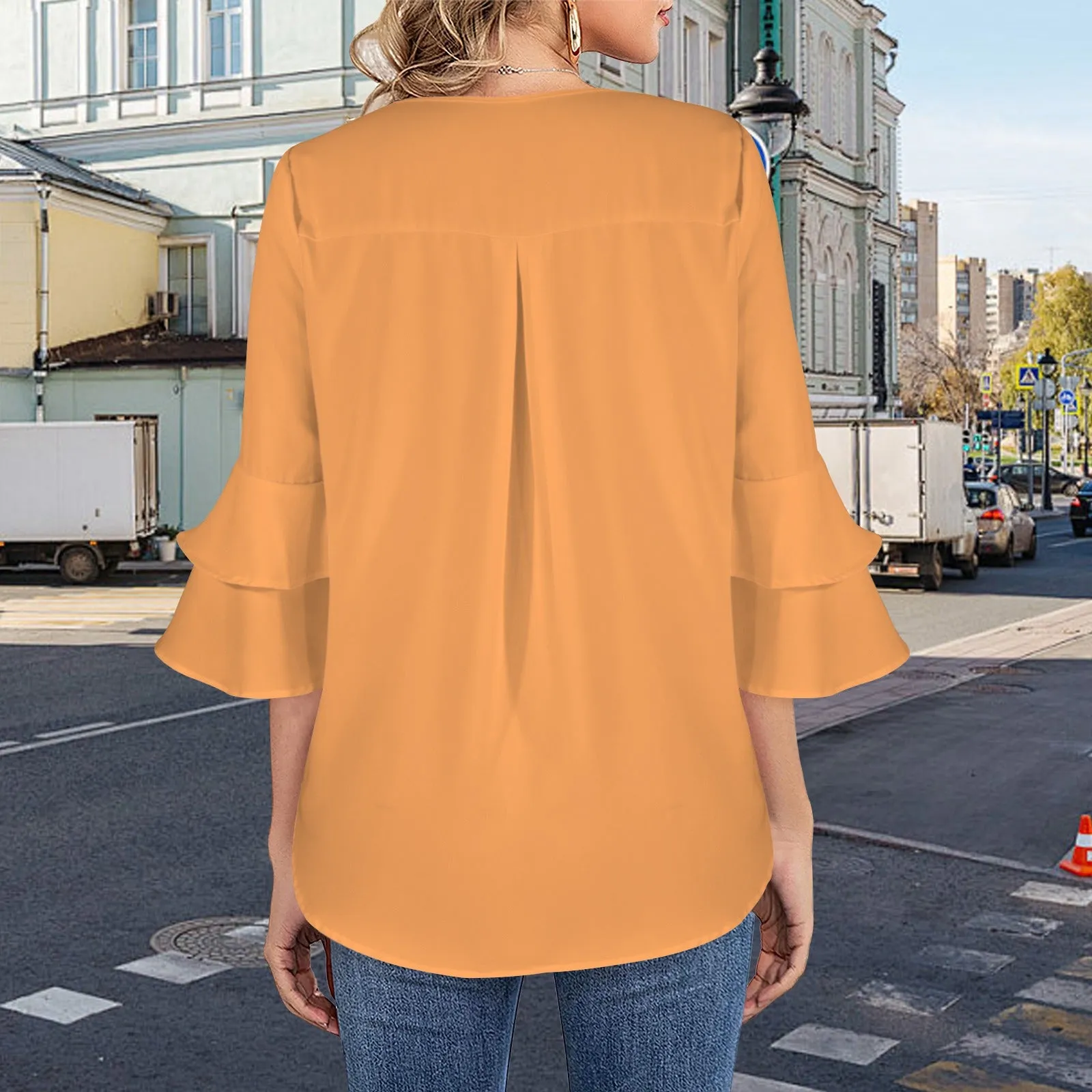 Layered Flare Sleeve Blouse Tangerine
