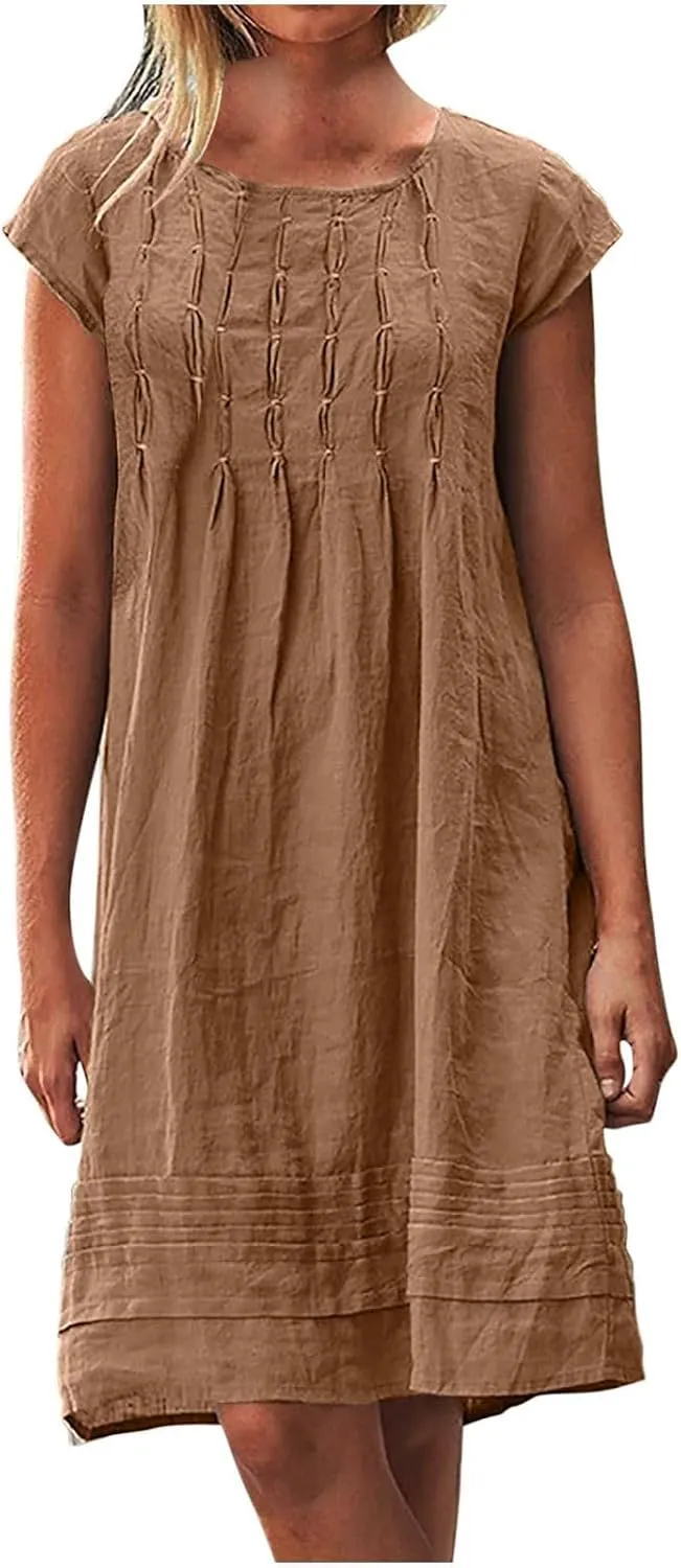 Linen Dress for Women 2024 Pleated Summer Casual Dresses Round Neck Short Sleeve Beach Sundress Vacation Mini Dress