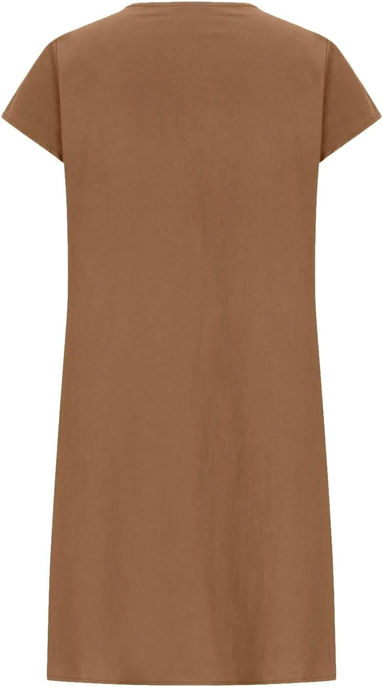 Linen Dress for Women 2024 Pleated Summer Casual Dresses Round Neck Short Sleeve Beach Sundress Vacation Mini Dress