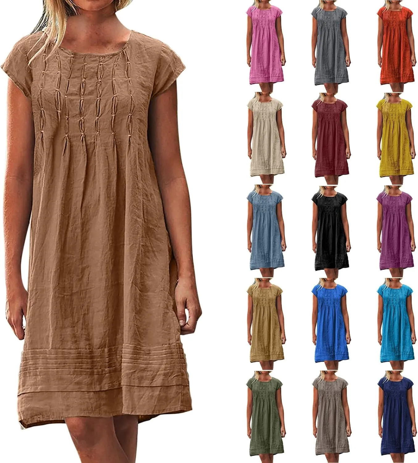 Linen Dress for Women 2024 Pleated Summer Casual Dresses Round Neck Short Sleeve Beach Sundress Vacation Mini Dress
