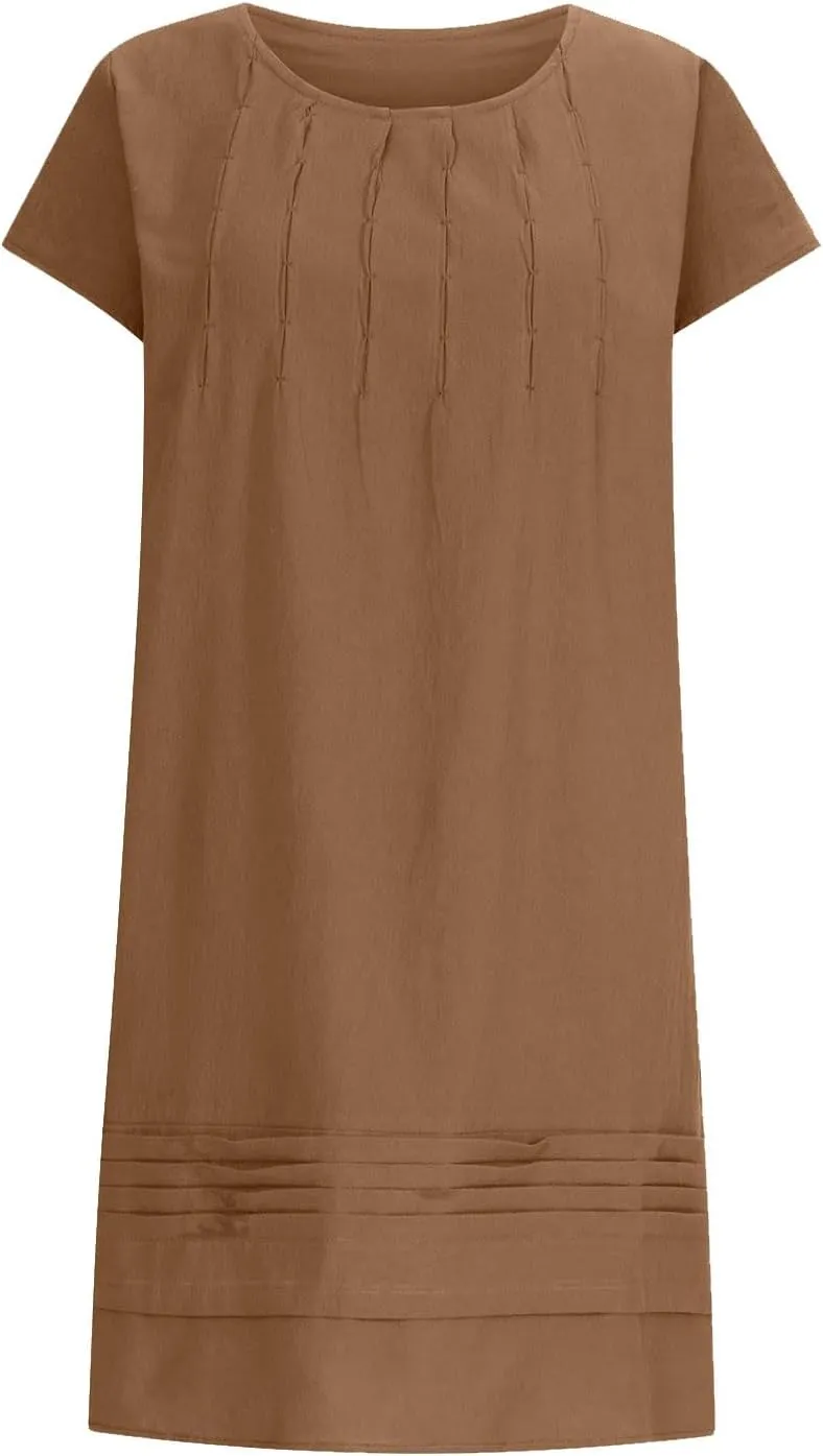 Linen Dress for Women 2024 Pleated Summer Casual Dresses Round Neck Short Sleeve Beach Sundress Vacation Mini Dress
