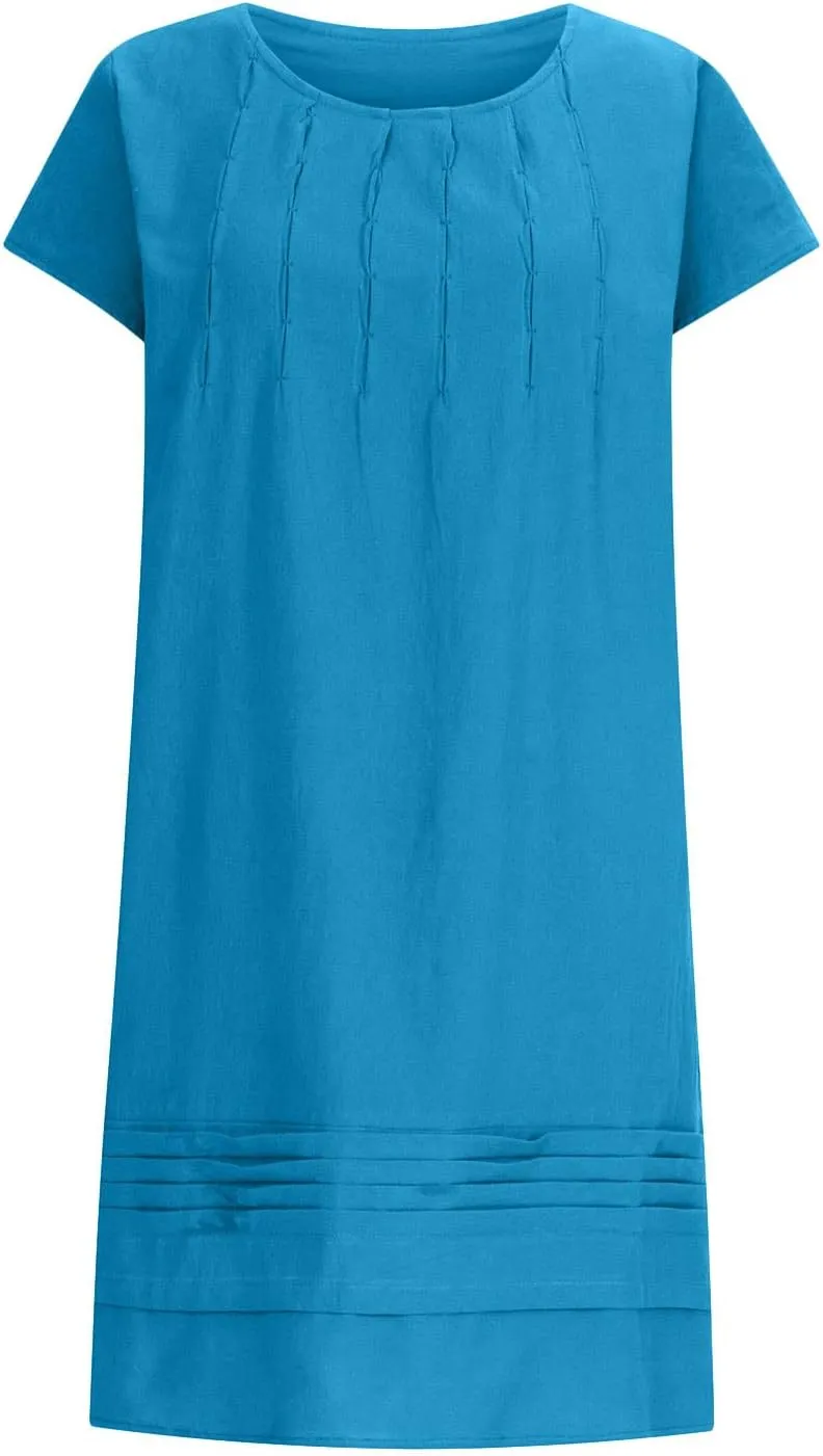 Linen Dress Women Summer Short Sleeve Pleated Casual Cotton Midi T-Shirt Dresses Beach Sundresses Vacation Outfits