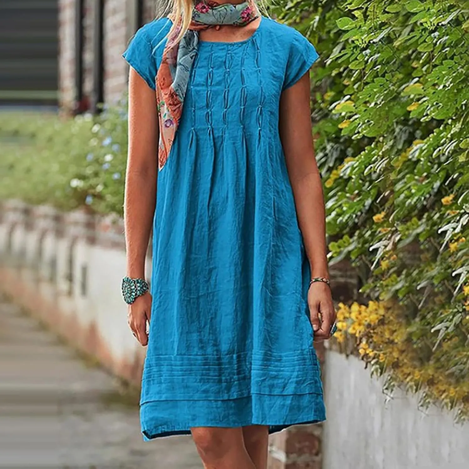 Linen Dress Women Summer Short Sleeve Pleated Casual Cotton Midi T-Shirt Dresses Beach Sundresses Vacation Outfits